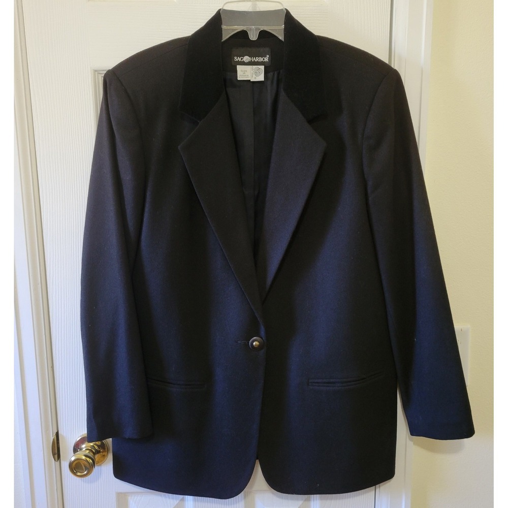 Sag Harbor Wool Blazer Womens Size 14 Black Velvet Collar Pockets Business Prep